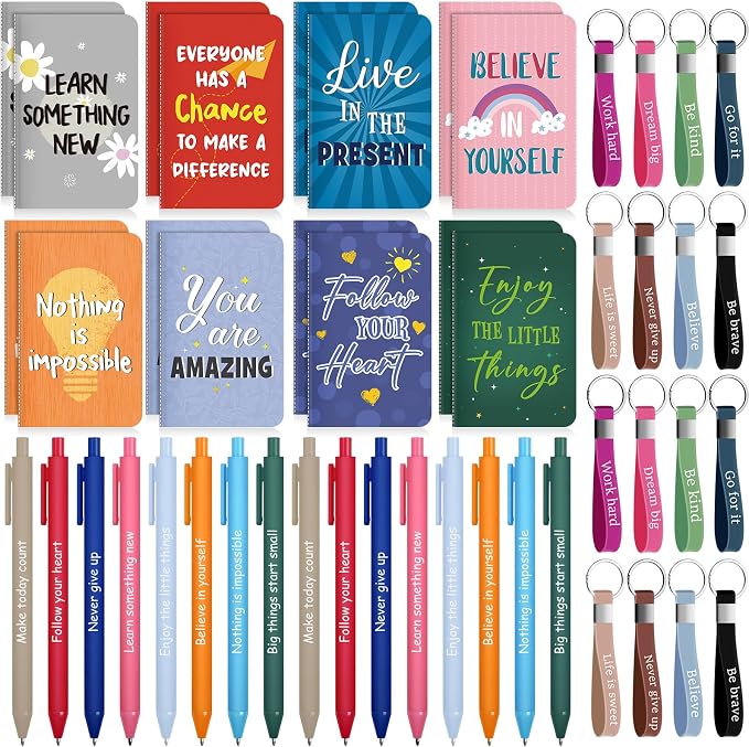 PerKoop 48 Pcs Inspirational Gifts Bulk Employee Motivational Notepads Positive Ballpoint Pens Keychains Set Staff Coworker Appreciation Gifts for Teachers Women Office Party Favor Supplies