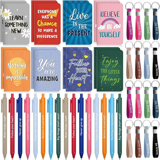 PerKoop 48 Pcs Inspirational Gifts Bulk Employee Motivational Notepads Positive Ballpoint Pens Keychains Set Staff Coworker Appreciation Gifts for Teachers Women Office Party Favor Supplies