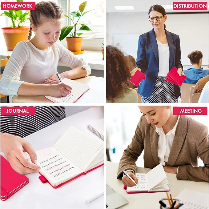 feela 6 Pack Pocket Small Notebooks Bulk, Mini Cute Memo Notepads Hardcover College Ruled Lined Journals with Pen Holder for Women Girls Office School, with 6 Black Pens, 3.5”x 5.5”, A6, Berry