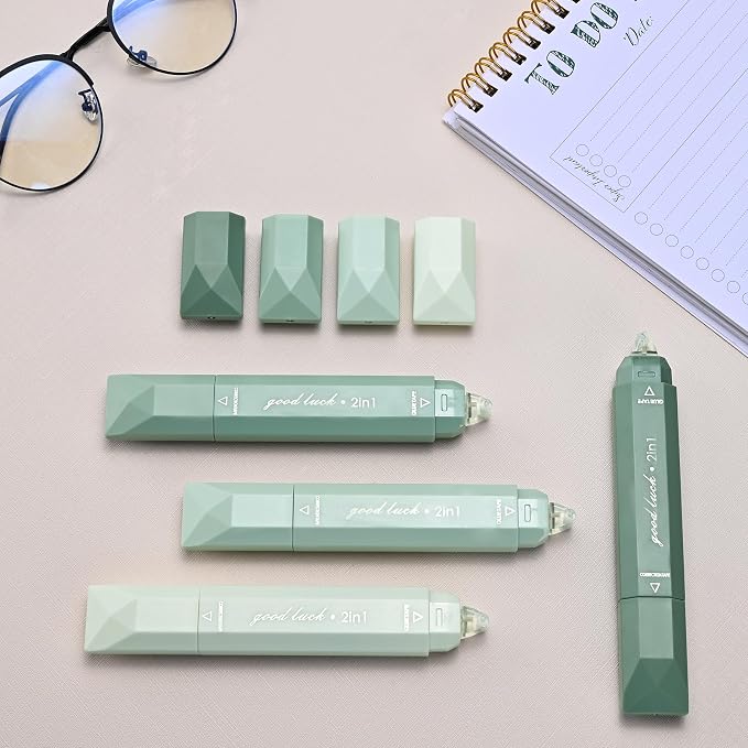 Temiary 4 Pcs 2 in 1 White Correction Tape and Double Sided Roller Set, Aesthetic Smooth Pull Out Tapes with Adhesive Glue Tape Roller Runner for School Office Supplies (Green)