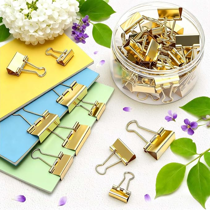 Fasmov 174 Pcs Gold Binder Clips Paper Clamps, Assorted Sizes Paper Clamps Clips (Small, Medium, Large), Office Clip with Container, Binder Clip for Office School and Home Supplies