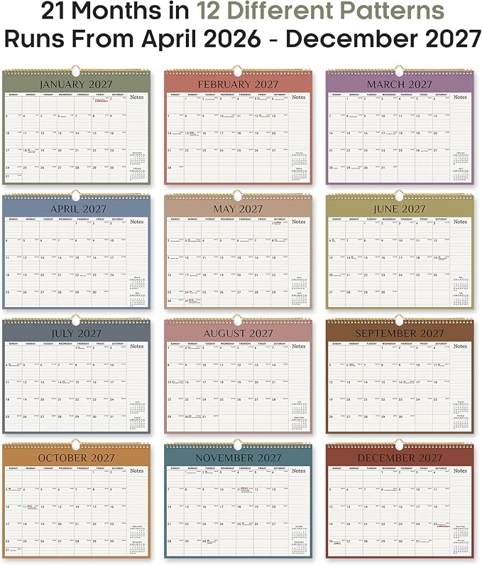 Calendar 2026-2027, 21-Month Wall Calendar Runs from Apr 2026 to Dec 2027,11.5" x 14.7",Large Monthly Calendar with Twin-Wire Binding, Perfect for Home or Office - Boho Colors
