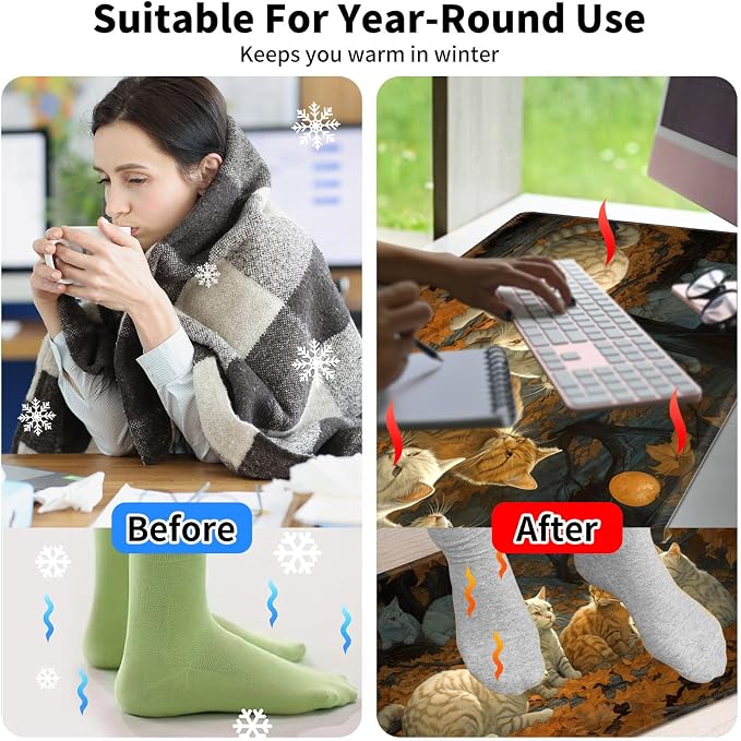 Heated Desk Pad Mouse Pad,Heated Desk Mat,with 3 Heating Levels & 3 Hours Auto Shut-Off,Leather 23.6"*14.2" Gaming Mouse Laptop Mat,Foot Warmer,Maple Leaves Cat