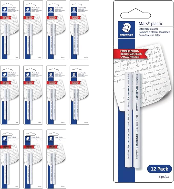 STAEDTLER Mars Plastic Eraser Refills 12-Pack, White, 24 Count | 12 Sets of 2 pcs, Latex-Free Erasers, Replacements for Refillable Holder, School & Office
