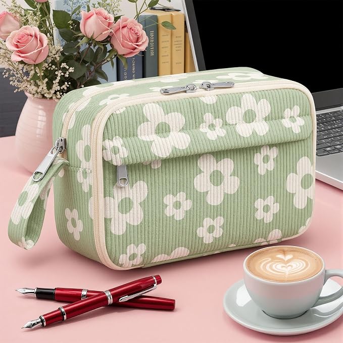 WOBAGMEN Cute Pencil Case,Large Corduroy Zippered Pencil Case Pouch, aesthetic Pencil Bag with Compartments, Pencil Pouch School Supplies (Cute Green Floral)