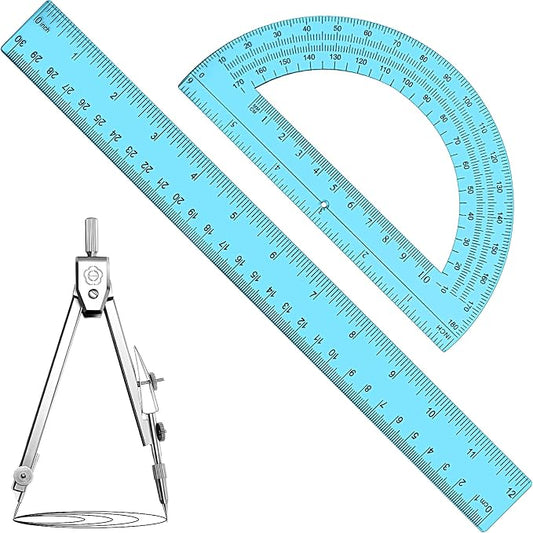 Zonon 3 Pcs Plastic Ruler 6 Inch Protractor Drawing Compass Set, Student Geometry Math Transparent Measuring Tools for Home School Classroom Office Supplies(12 Inch,Blue)