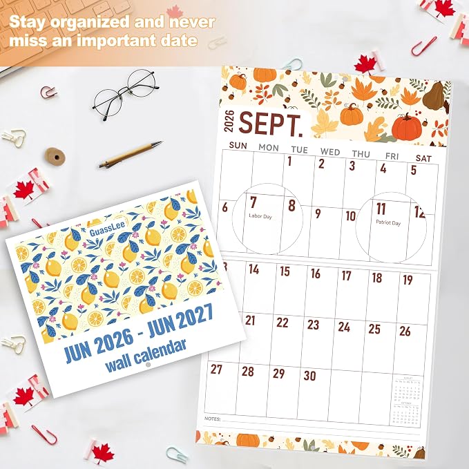 GuassLee Wall Calendar 2026-2027 Large, 23"x14" Vertical Wall Calendar 2026, 13-Month, Jun. 2026 -Jun 2027, Hanging Monthly Planner Wall with Big Grid, Big Numbers for Low Vision Home Office Planning