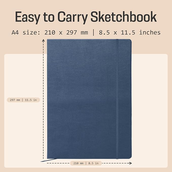 BROWNSTONE JOURNALS A4 Sketch Book Hardcover - 80 Sheets 100 GSM Paper 8.5"x11.5", Lay Flat, Vegan Leather Cover, Elastic Band, Back Pocket, Art Drawing Book (Symphony Blue)