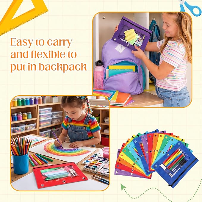 Zhehao 100 Pcs Zipper Binder Pencil Pouches:3 Ring Binder Pencil Pouches with Window Bulk Clear Pen Bags Case for Office School Classroom Supplies(Novel Color,Single Layer)
