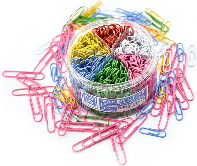 Kempshott 450 Color Paper Clips Assorted Sizes Small, Medium and Large Paper Clips for Paperwork Ideal for Home, School and Office Use (Assorted, Multicolored)