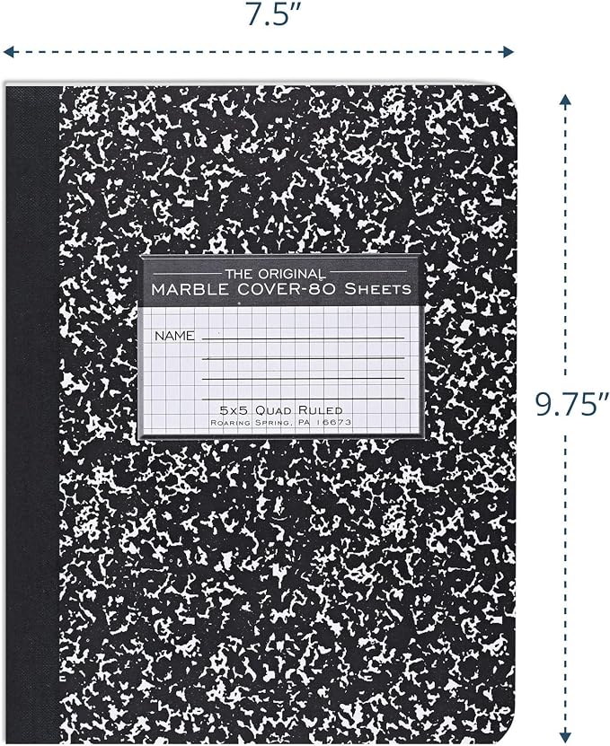 ROARING SPRING Hard Cover Composition Notebook, Black Marble Comp Book, 9.75″ x 7.5″, 5x5 Grid Graph Ruled, 80 Sheets (160 Pages), Made in USA