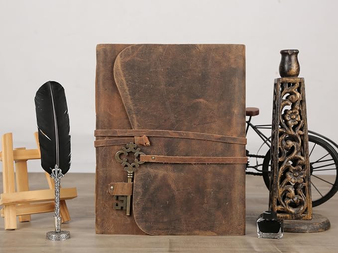 Leather Journal with Deckle Edge Paper 8x6 inch and Vintage Key | Handmade Writing Notebook Diary | Bound Daily Notepad for Men & Women Medium, Sketch/Writing pad for Artists