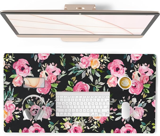 QiyI Large Mouse Pad, Floral Desk Mat for Desktop, Women Girls Watercolor Pink Flowers Office Décor Desk Accessories, PU Leather Waterproof Gaming Mousepad, Black Desk Pad Computer Mat, 31.5" x 15.7"