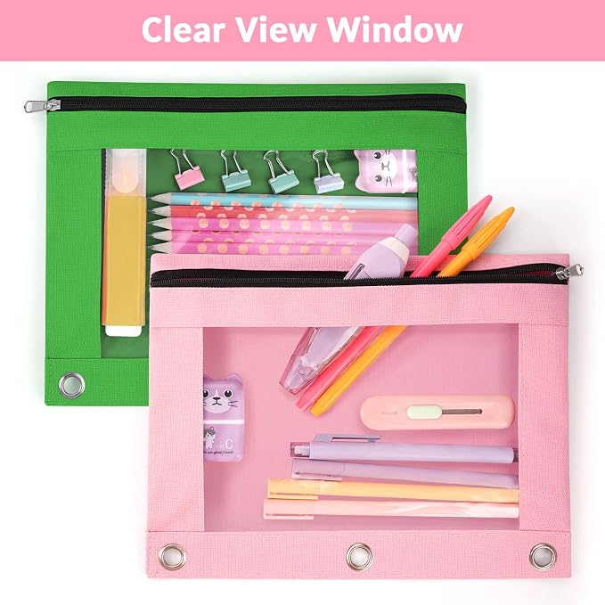 Sooez Pencil Pouch for 3 Ring Binder, 2 Pack Binder Pencil Pouch with Clear Window Pencil Bags with Zipper & Reinforced Grommets, Pencil Case for binder Pink & Green