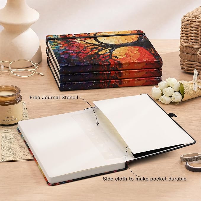 AHGXG Blank Journal Notebook, 192 Pages, A5 Medium Size (5.7'' x 8.3'') | Leather Hardcover, 100 GSM Thick Paper, for Sketching, Drawing, Painting (Colourful Tree)
