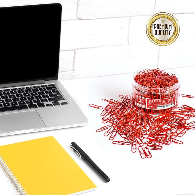 Kempshott 450 Red Color Paper Clips Assorted Sizes Small, Medium and Large Paper Clips for Paperwork Ideal for Home, School and Office Use (Assorted, Red)