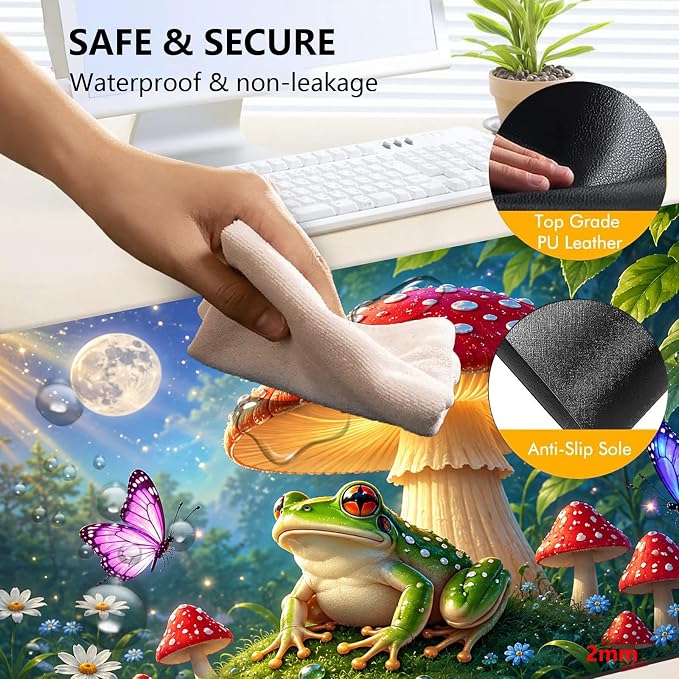 Large Heated Mouse Pad–31.5" x 13" Desk Mat for Office | 3 Adjustable Heat Levels,Auto Shut-Off After 3 Hours for Safety,Keeps Hands Warm While Working，Mushroom Frog