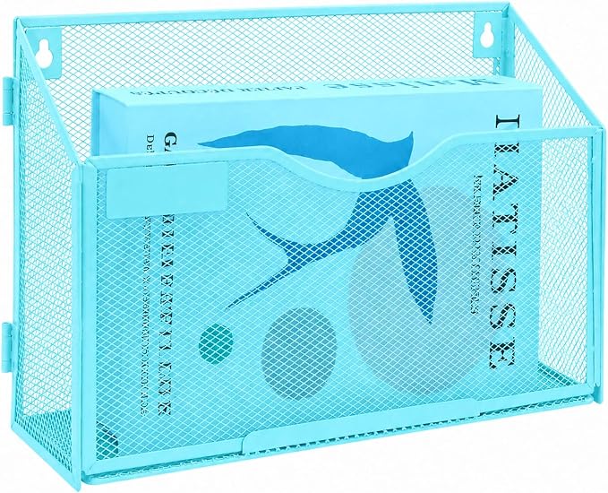1 Pocket Mesh Wall File Holder Organizer Office Hanging File Folder Magazine Rack, Nametag Label Hooks Set Included (Blue)