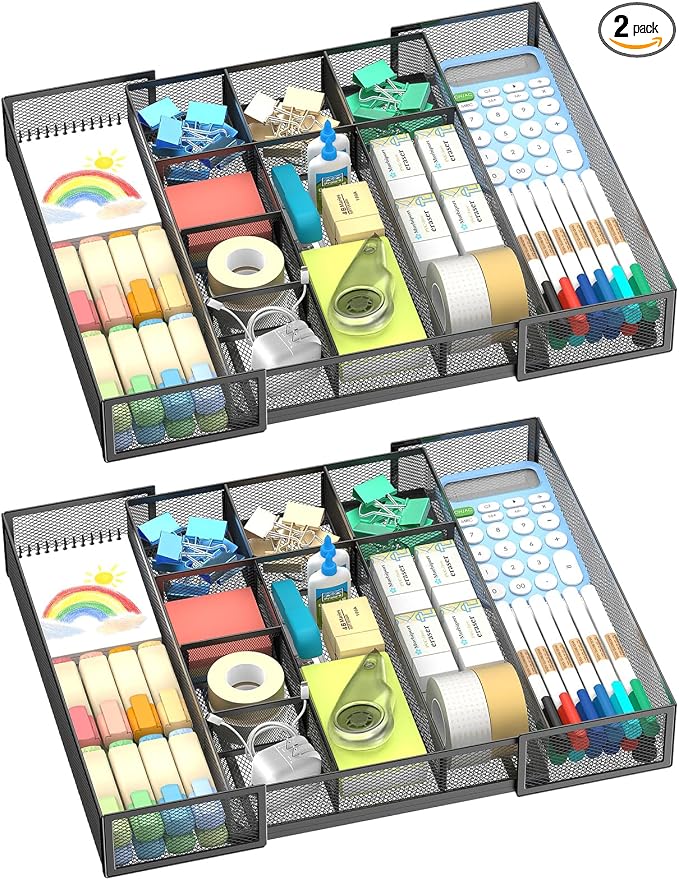 2 Pack Expandable Desk Drawer Organizer, 10 Compartments, Black | Metal mesh drawer organizer tray with 5 removable dividers, expands from 8.74 to 16 in for office supplies, makeup or tools