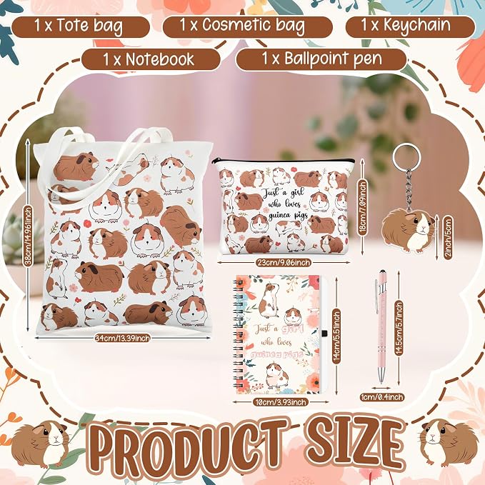 Kinlop 5 Pcs Guinea Pigs Lover Gifts for Women Include Just a Girl Who Loves Guinea Pigs Tote Bag Canvas Cosmetic Bag Coil Notebook Keychain and Ballpoint Pen for Women Girls