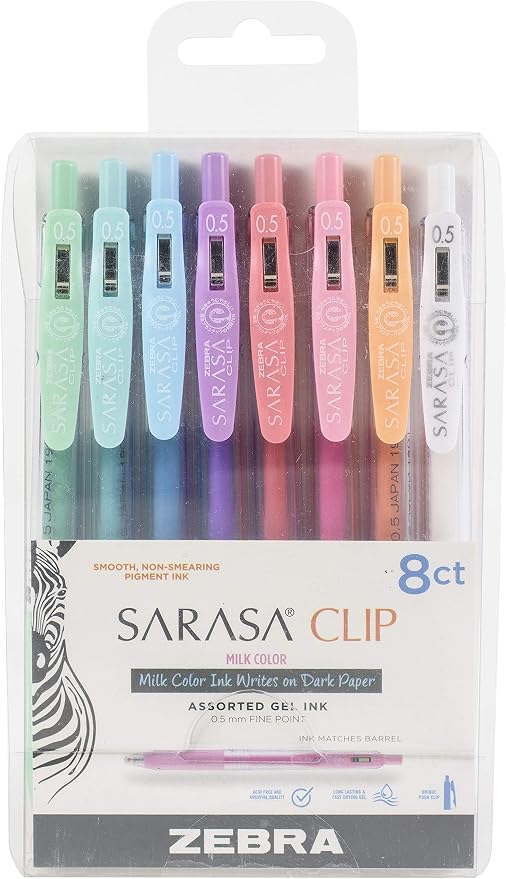 Zebra Pen SARASA Clip Retractable Gel Pen, Assorted Milk Color Ink, 8-Pack