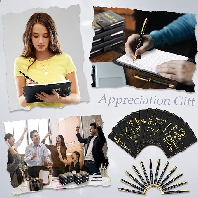 Dispowreath 10 Sets Thank You Leather Journal Notebook with Appreciation Ballpoint Pen Employee Gift for Teacher Nurse Coworker Team Office Staff Vet Tech Housekeeper (Black,Appreciation Sign)