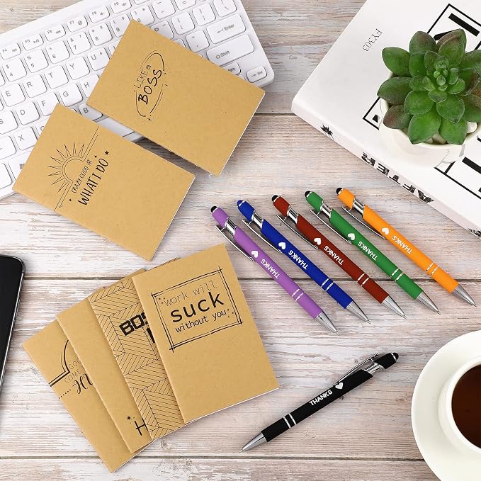 Geyee 24 Pcs Mini Motivational Pens Inspirational Notepads Bulk Appreciation Gifts Small Journals Funny Ballpoint Pen Set Prizes Men Women Office Travel Party Favors(Employee)