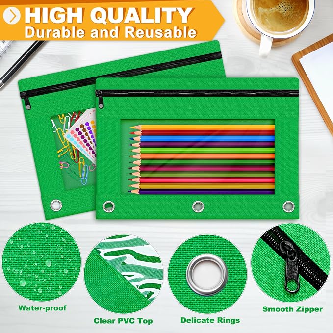 Pencil Pouch for 3 Ring Binder, 2 Pack Pencil Bags with Zipper, Green Pencil Case for Classroom School Office Supplies, Large Sturdy and Durable Cloth Pencil Pocket for 3 Holder Binder