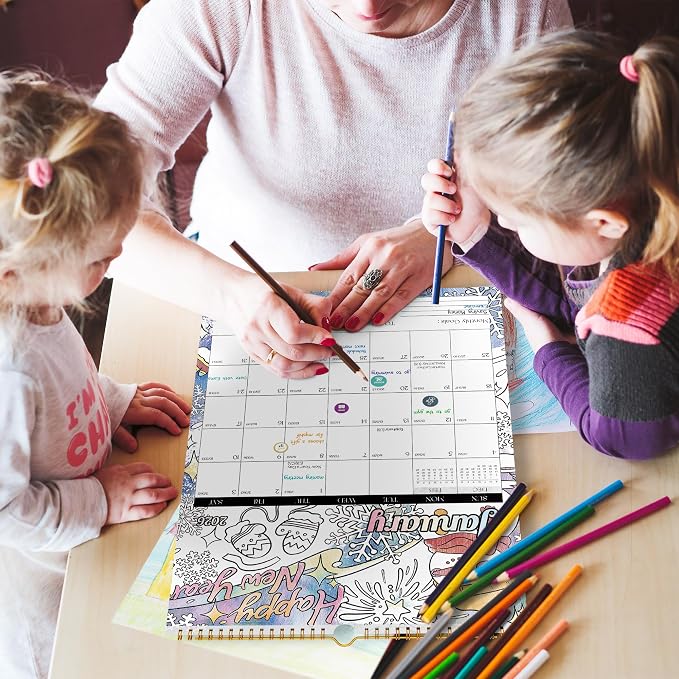 Ospelelf 2026 Wall Calendar 12'' x 17'' Family Coloring Calendar for Adults, Kids, Monthly Calendar Planner with Plastic Cover, 18 Month Calendars, Use Jan 2026 - June 2027, Season