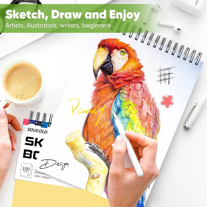 Soucolor 9x12 Spiral Sketch Book,100 Sheets, Acid-Free Drawing Pad for Kids | Top spiral-bound sketchbook with 68lb acid-free paper,micro-perforated pages, and flat-lay design,for all artists