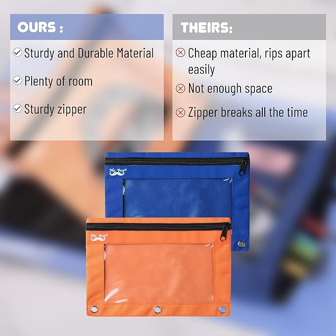 Mr. Pen- Pencil Pouch for 3 Ring Binder, 2 Pack, 10"x6.75", Smooth Zipper | Clear Window, Large Capacity Pencil Case with 3 Reinforced Grommets for School, Office, Supplies Storage | Clear Window, Large Capacity Pencil Case with 3 Reinforced Grommets f...