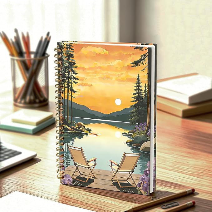 Boho Sunset Lake Camping Journal Notebook 5.5x8.3, Camping Lover Gifts Journal for Women Men, Camper Gifts, Rustic Nature Lake Landscape Notebooks for Work