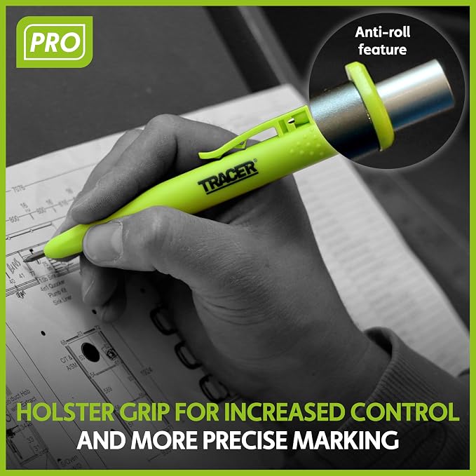 Tracer Pro Aluminum Deep Hole Construction Pencil - Durable Mechanical Carpenter Pencils Set with Sharpener & 6 Replacement Leads Holster Woodworking Marking Tool Contractor Pencil Kit