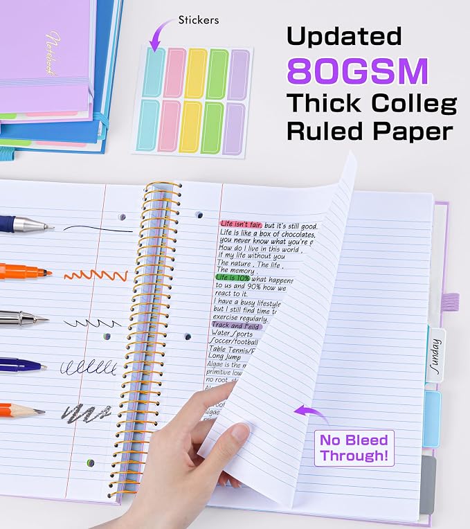 5 Subject Notebook College Ruled,80GSM Paper Thick Hardcover Spiral Notebook Lined Journal with Removable Dividers Tabs,400pages 8.5"x11" Paper Large Notebooks for School Work,3-Hole Punched, Purple