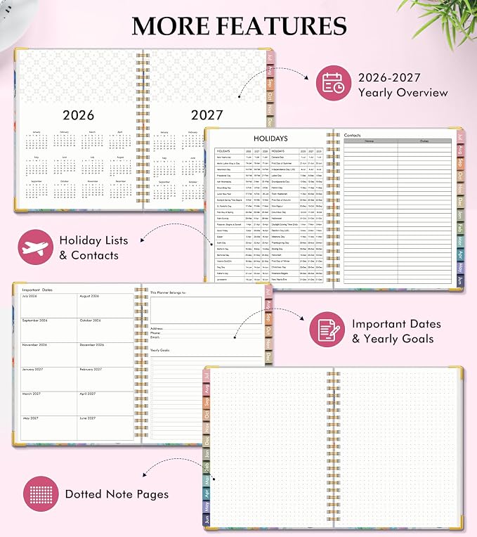 Academic Planner 2026-2027, Hardcover Leather Weekly and Monthly Calendar Planner from July 2026 - June 2027, A5 6.1" x 8.2" Daily Agenda with Tabs, College School Organizer for Student Teacher, Butterflies in the Blooms