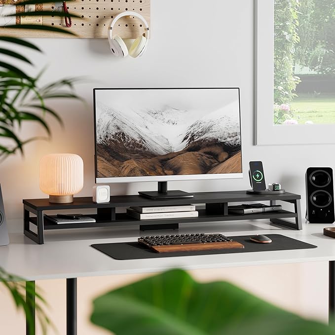 Fenge Dual Monitor Riser for Desk, Open Shelf with 3 Storage Compartments | 42.5in Computer Monitor Stand, 2-Tier Desk Shelf for Top of Desk,One-Piece Panel, fit Ultrawide Monitor, PC, Laptop, Black