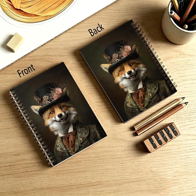 HOXUNQINA Vintage Renaissance Gentleman Fox Journal Notebook 5.5x8.3 | Fox Lover Gifts Journal for Women Men, Whimsical Animal Portrait Aesthetic Notebooks for Work