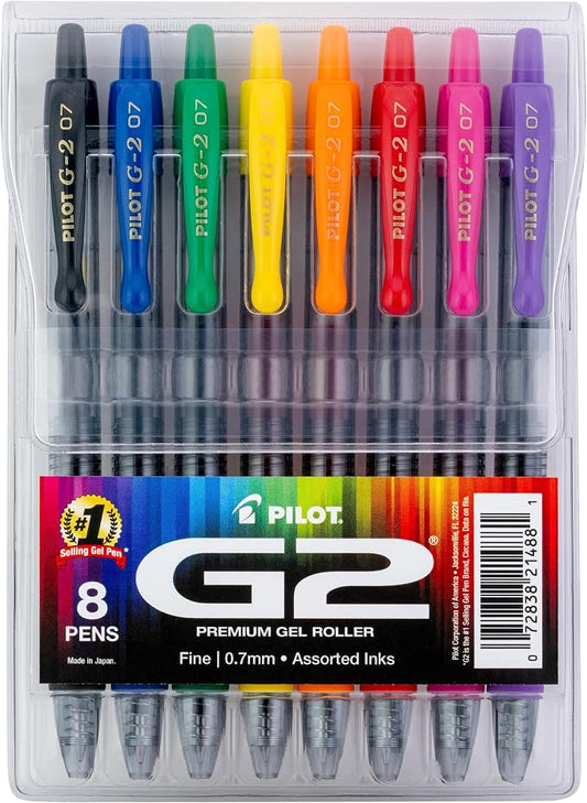 Pilot G2 Premium Gel Roller Pens, Rainbow Gel Pens, G2 Rainbow Colors Pack, 8 Pack Pouch, Fine Point 0.7 mm, Assorted
