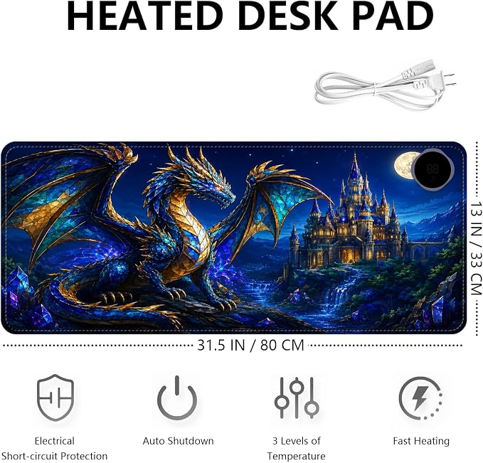 Large Heated Mouse Pad–31.5" x 13" Desk Mat for Office | 3 Adjustable Heat Levels,Auto Shut-Off After 3 Hours for Safety,Keeps Hands Warm While Working，Castle Dragon