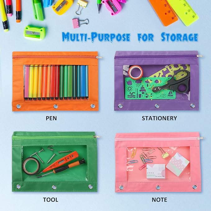 Marspark 48 PCS Pouch Bag for 3 Ring Binder - Bulk Zipper Pencil Binder Pouches with Clear Window for Utensils Storage Supplies(Multicolor)