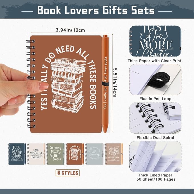 Thenshop 12 Sets Book Lover Gift Librarian Inspirational Spiral Notebook Pen Bulk Book Club Gift Reading Journal Librarian Back to School Gifts for Women Reader Teacher Bookish Bookworm (Morandi Color)