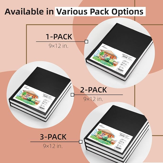 3-Pack Hardcover Sketch Book 9" x 12" - 110 Sheets (220 Pages) Each, 120GSM Thick Smooth Drawing Paper, Hardbound Sketchbooks for Artists & Students