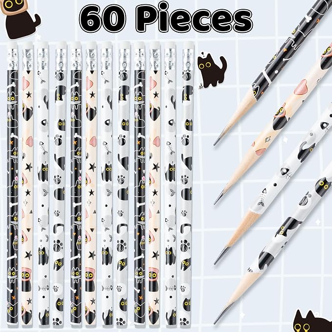 Xqumoi Black Cat Pencils with Eraser - Cute Black Cat #2 HB Pencils, Classroom Student Rewards Back to School Office Supply Kawaii Animal Goodie Bag Fillers Stuffers Halloween Party Favors