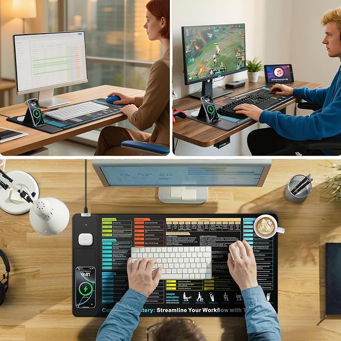 Wireless Charging Mouse Pad with Foldable Phone Holder | 31.5"x15.8" XXL Excel Cheat Sheet Desk Mat for Laptop/Keyboard, Waterproof Ultra-Smooth Surface, Non-Slip Base