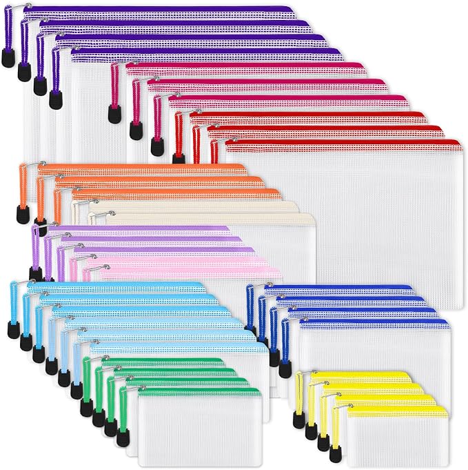 EOOUT 38pcs Mesh Zipper Pouch, Waterproof Zipper Bags, 8 Sizes Plastic Travel Pouch, 12 Colors, Multipurpose for Board Game, Travel Storage, Office Appliances, Home Organize