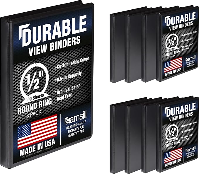 Samsill 8 Pack Durable 0.5 Inch 3 Ring Binders, Round Ring, Clear View Cover for Presentations, Black