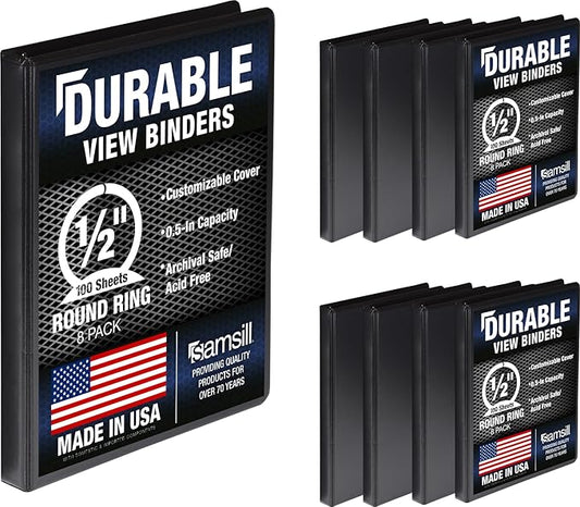 Samsill 8 Pack Durable 0.5 Inch 3 Ring Binders, Round Ring, Clear View Cover for Presentations, Black