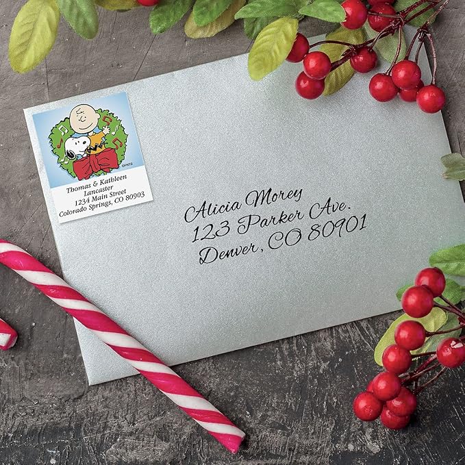Colorful Images A Charlie Brown Christmas Peanuts Return Address Mailing Labels,Personalize with Name & Shipping Address, Set of 144 Self Adhesive,Easy Peel Flat Sticker Label Sheets,Square,6 Designs