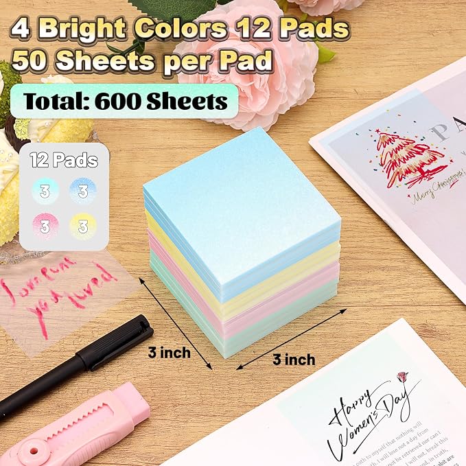 Transparent Glitter Sticky Notes 12 Pack, Sparkly Frosted Gradient 3x3 Inch, High Transparency Glass-Like Adhesive Clear Seee Through Sticky Notes for Women Office School Supplies (600 Sheets)