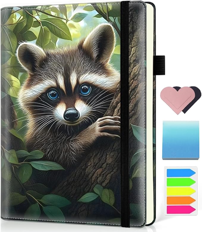 Hardcover Executive Notebooks, A5 PU Leather Lined Journal Notebook, 200 Pages Thick Paper Subject Notebooks for School,Work,Home Writing Business Notebook, Diary Book ， Forest Raccoon